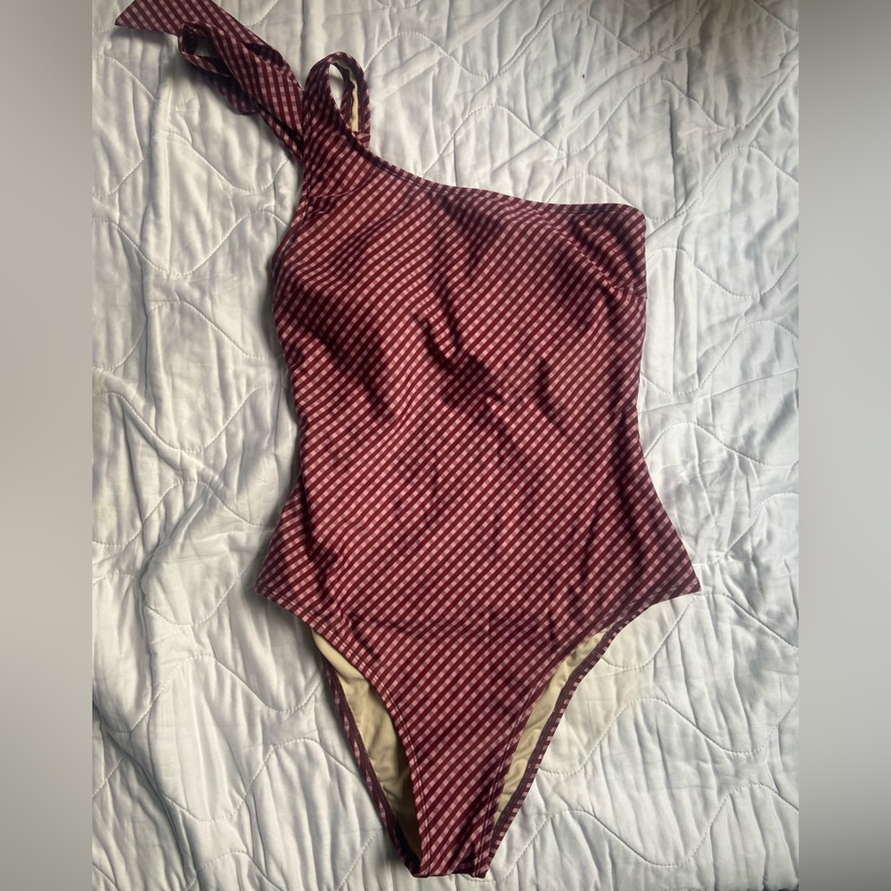 Peony Swim: One-Shoulder Burgundy Gingham Checkered Swimsuit
